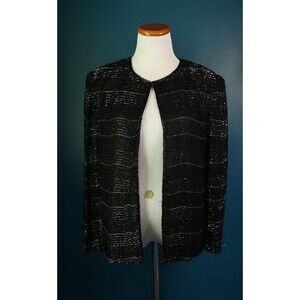 Laurence Kazar Beaded Evening Open Front Jacket Black Silk Whimsigoth Large